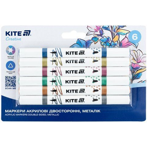 Акрилові маркери двостороннні 6 шт Kite Creative металік K-1294 фото