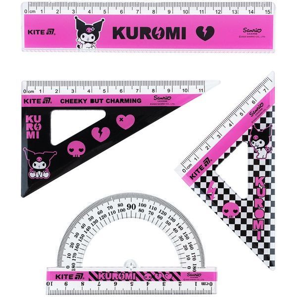 Набір лінійок 4 предмети: Kite Kuromi Куромі: лінійка 15 см, транспортир, 2 косинця HK25-282 фото